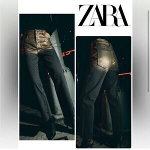 Zara Black and Metallic Gold HIGH WAIST Z1975 STRAIGHT LEG FOIL JEANS